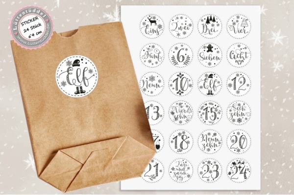 24 Stück zuckersüße Zahlen Adventskalenderaufkleber Sticker Schwarz/WEiß Weihnachten  /4cm rund mit-oder ohne 24 Beutelchen aus Kraftpapier - von Lüttentüddel